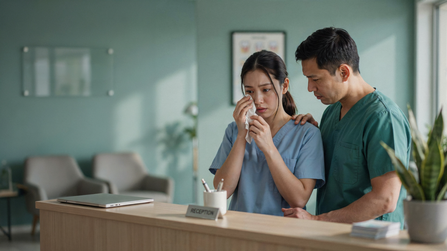 Dental assistant being comforted at the front desk, illustrating dental office harassment and employer responsibility